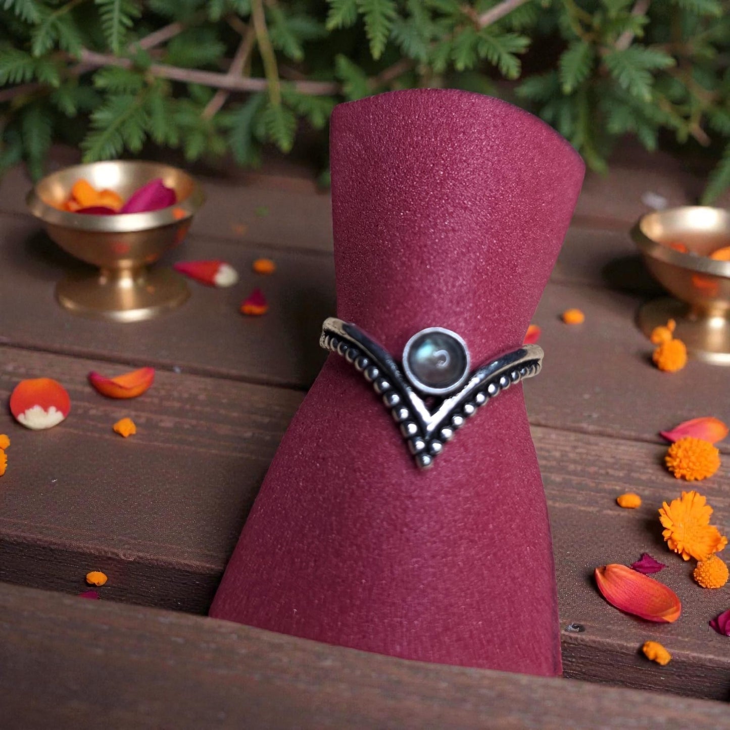 steel ring with labradorite