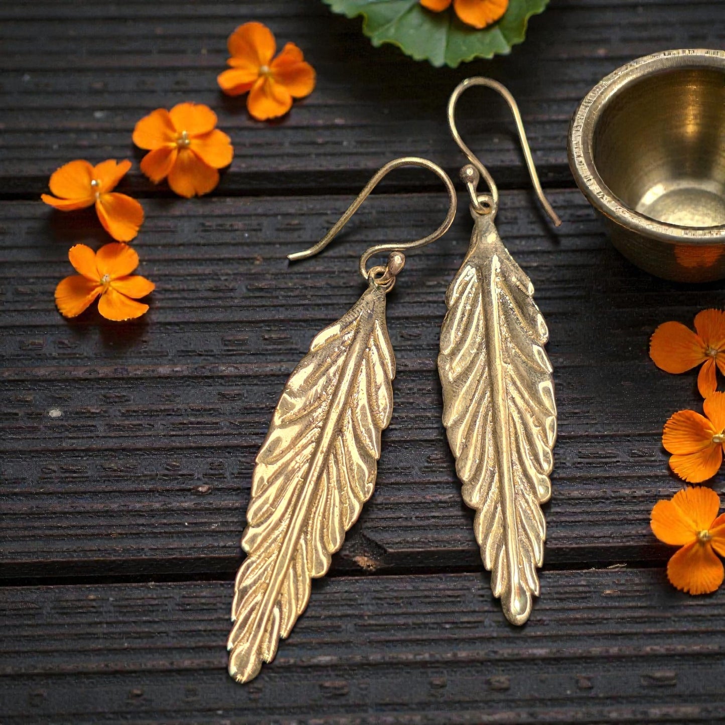 brass leaf drop earrings