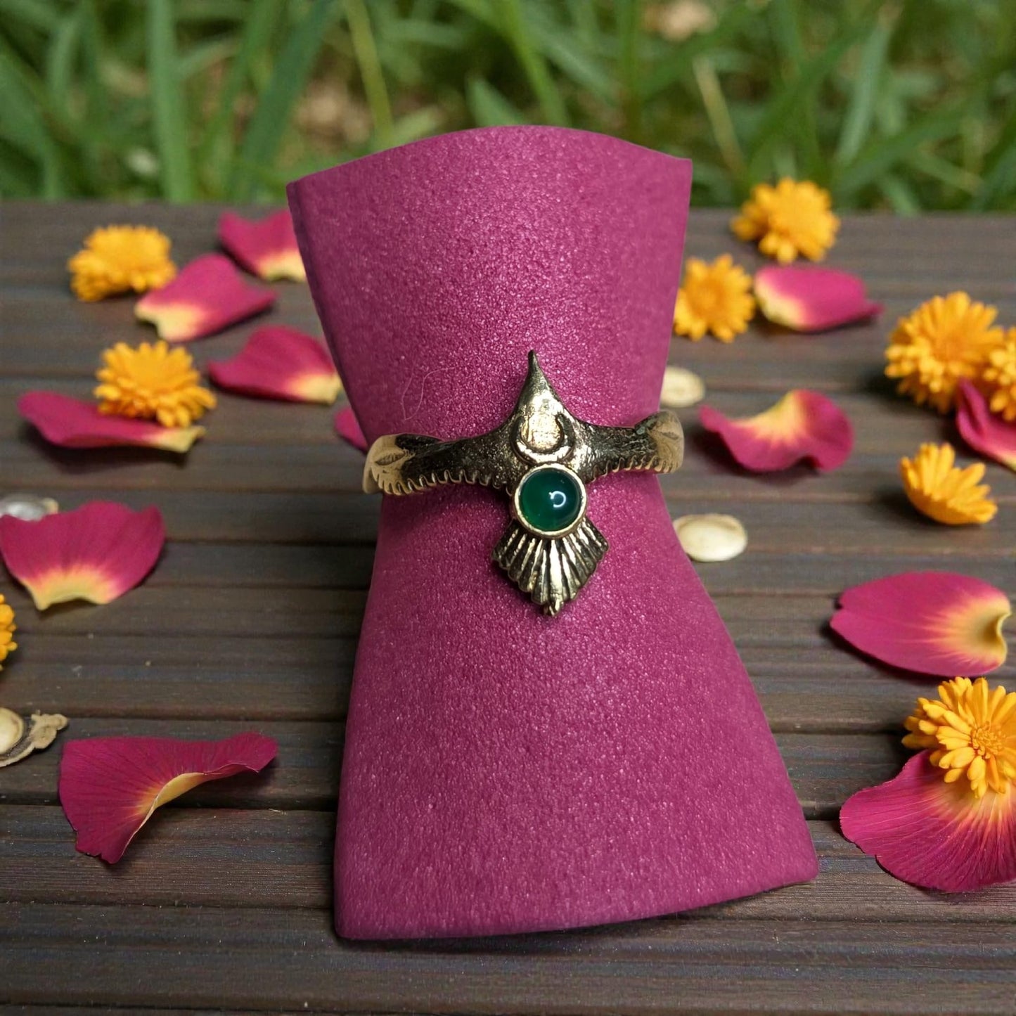 Brass ring with green stone
